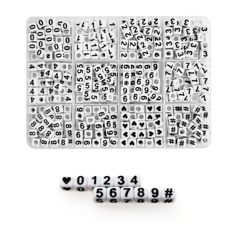 Looconi Amaney 480pcs Square Number 0-9 Symbol # and Heart Beads 6x6mm White Acrylic Beads - Image 1
